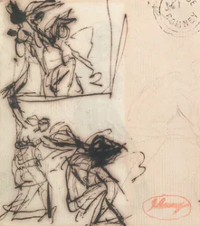 Figura de pie con el brazo levantado y figura sentada