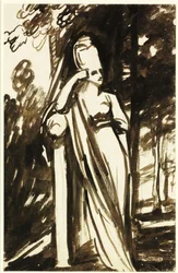 Mujer de pie junto a una estela