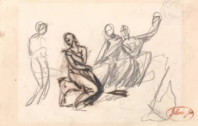 Tres figuras sentadas y una de pie