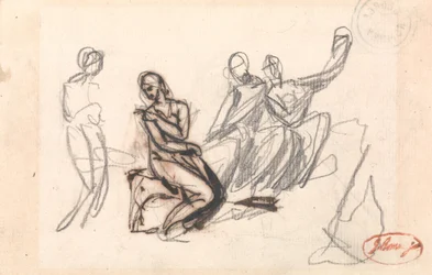 Tres figuras sentadas y una figura de pie