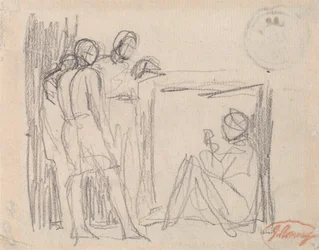 Tres figuras de pie ante una figura sentada