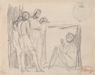 Tres figuras de pie ante una figura sentada