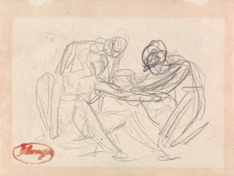 Dos figuras arrodilladas ante una figura sentada