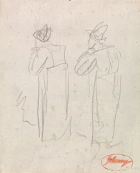 Dos figuras de pie con sombreros altos