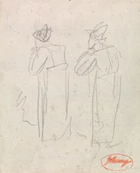 Dos figuras de pie con sombreros altos