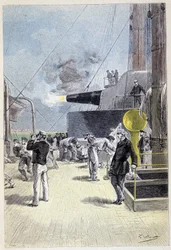 Un primer disparo en blanco sale de la torreta (página 277) en “La Isla a Hélice” de Jules Verne