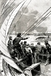 En el mar hacia el Polo: la tripulación de un barco (velero) ve un grupo de ballenas. Ilustración de la novela de Julio Verne "La Esfinge de los Hielos"