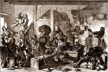 Dragonnades: persecuciones dirigidas contra las comunidades protestantes del Reino de Francia durante la década de 1680. Siglo XIX (grabado)