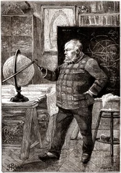 J. T. Maston, matemático y aventurero, secretario del Gun-Club, protagonista de la novela de Julio Verne "Sans dessus dessous", colección Hetzel / voyages extraordinaires 1889. Dibujo de George Roux.