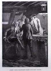 Escena de historia en la plaza del barco: joven Jim Hawkins frente al Dr. Livesey y el Caballero Trelawnay - en “La Isla del Tesoro” de Stevenson por Georges Roux, ed. Hetzel