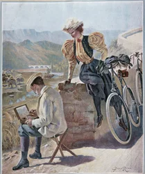 Acuarela y ciclismo - litografía de Georges Roux, c.1900