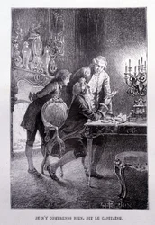 Joven Jim Hawkins, Caballero Trelawnay y Doctor Livesey se reconcilian en una sala - en 