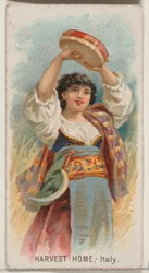 Cosecha en casa, Italia, de la serie Holidays N80 para cigarrillos Duke, 1890