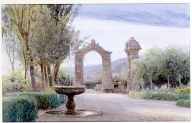 Un Jardín Italiano con una Fuente y Dos Arcos