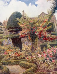 El jardín de rosas de Levens Hall, Westmoreland (litografía en color)