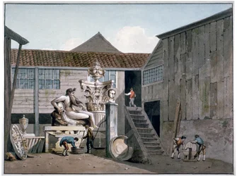 Patio de la fábrica de piedra Coade en Narrow Wall Street, Lambeth, Londres, c. 1800