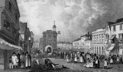 High Street, Maidstone, Un Día de Mercado, grabado por S. Lacey, publicado en 1832