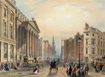 Mansion House mirando hacia Cheapside, grabado por Thomas Picken, publicado por Ackermann 1851