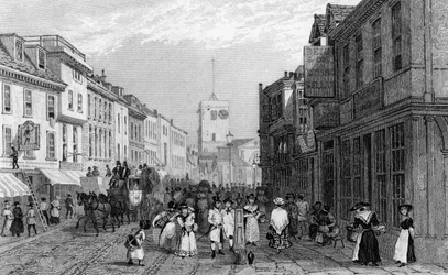 Día de mercado en Dartford, Kent, grabado por Henry Adlard, c.1830