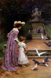 Alimentando a las palomas. Una madre y su hija dan de comer a los pájaros en un parque. Al final de la escalera hay una fuente. Pintura de George Sheridan Knowles (1863-1931 británico) Colección particular