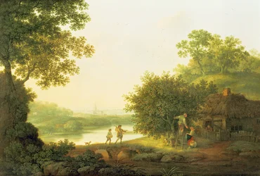 Recolectores de manzanas, junto a una cabaña en un paisaje boscoso con Chichester al fondo