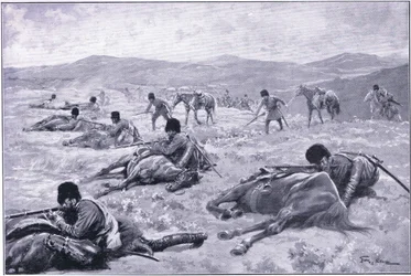 Un cosaco y su caballo: un dispositivo para asegurar cobertura durante una escaramuza, ilustración de Cassells History of the Russo-Japanese War Vol 1, c.1900
