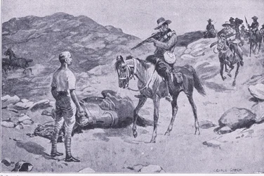 Una hazaña valiente en la marcha a Hoopstad, Después de Pretoria: La guerra de guerrillas publicada por Harmsworth Bros Limited 1901