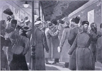 El zar despidiéndose de los oficiales de la Guardia Imperial, ilustración de la Historia de la Guerra Ruso-Japonesa de Cassell Vol 1, c.1900