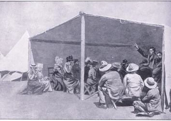 Servicio divino en un campo de refugiados bóer, de Después de Pretoria: La Guerra de Guerrillas publicado por Harmsworth Bros Limited, 1901