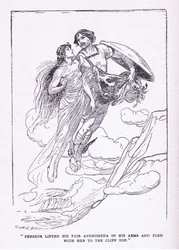 Perseo levantó a su bella Andrómeda en sus brazos y huyó con ella a las cimas de los acantilados, de Los Héroes publicado por George Allen y Unwin 1929