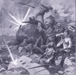 La última resistencia de la policía de Johannesburgo en Bergendal, ilustración de Después de Pretoria: La Guerra de Guerrillas, 1902