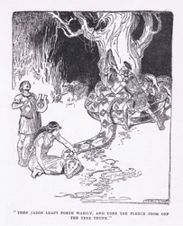 Entonces Jason saltó cansadamente y arrancó el vellocino del tronco del árbol, de Los Héroes publicado por George Allen and Unwin 1929