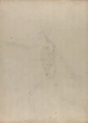 Exposición anatómica comparativa de la estructura del cuerpo humano con la del tigre y la del ave común: Esqueleto humano, vista lateral (Estudio para una figura clave de una tabla inédita que muestra las vísceras abdominales)