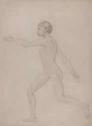Exposición anatómica comparativa de la estructura del cuerpo humano con la de un tigre y un ave común: Figura humana, vista lateral (Anteproyecto para el estudio definitivo del Cuadro VIII)