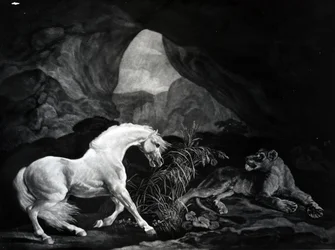 Un caballo asustado por una leona, grabado por Benjamin Green, 1774