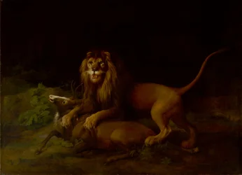Un león ataca a un ciervo