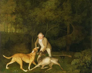 Freeman, el guardabosques del Conde de Clarendon, con una cierva moribunda y un sabueso