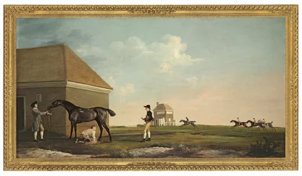 Gimcrack en Newmarket Heath con un entrenador, un jockey y un mozo de cuadra