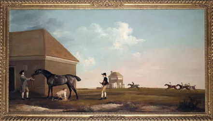 ""El caballo de carreras Gimcrack en Newmarket Heath con entrenador, muchacho y jockey"" Pintura de George Stubbs (1724-1806) 1765 Dim 101,6x194 cm Colección particular