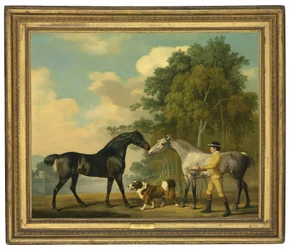 Dos cazadores con un joven mozo y un perro junto a un lago, 1778