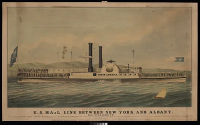 Línea de correo estadounidense entre Nueva York y Albany todos los días a las 5 de la tarde.... (litografía, coloreada)