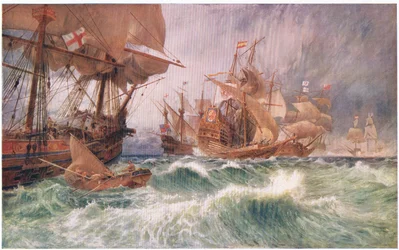 La convocatoria a la rendición: un incidente en el ataque de la Gran Armada 1588, de la Historia del Pueblo Británico de Cassell publicada por la Waverley Book Company, c.1950s