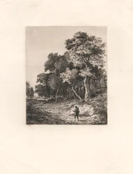 Paisaje, hombre con bastón al hombro