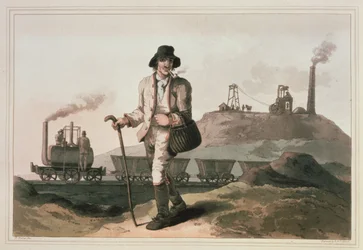 Locomotora Blenkinsop en la mina de Middleton cerca de Leeds, grabado por Robert y Daniel Havell, 1814