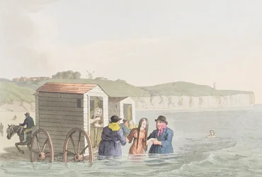 Baños de mar en la bahía de Bridlington, de "Costumes of Yorkshire", por George Walker