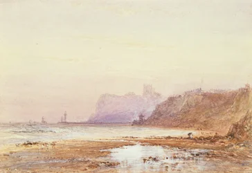 Costa en Whitby con la abadía al fondo