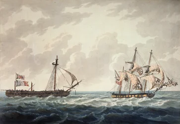 El Sloop de Su Majestad, Bonne Citoyenne, remolcando la fragata francesa, La Furieuse, después de la acción del 6 de julio de 1809, grabado por R y D Havell, publicado por Robert Cribb en 1810