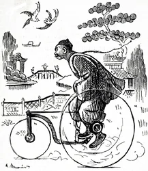 Caricatura de un hombre chino montando un triciclo en un parque en China