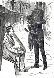 Una caricatura que representa a un deshollinador llevando sus cepillos por las calles de Londres. Ilustrado por George du Maurier (1834-1896) un caricaturista y autor franco-británico