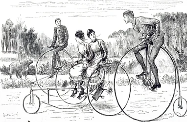 Caricatura que representa a un grupo de jóvenes montando triciclos